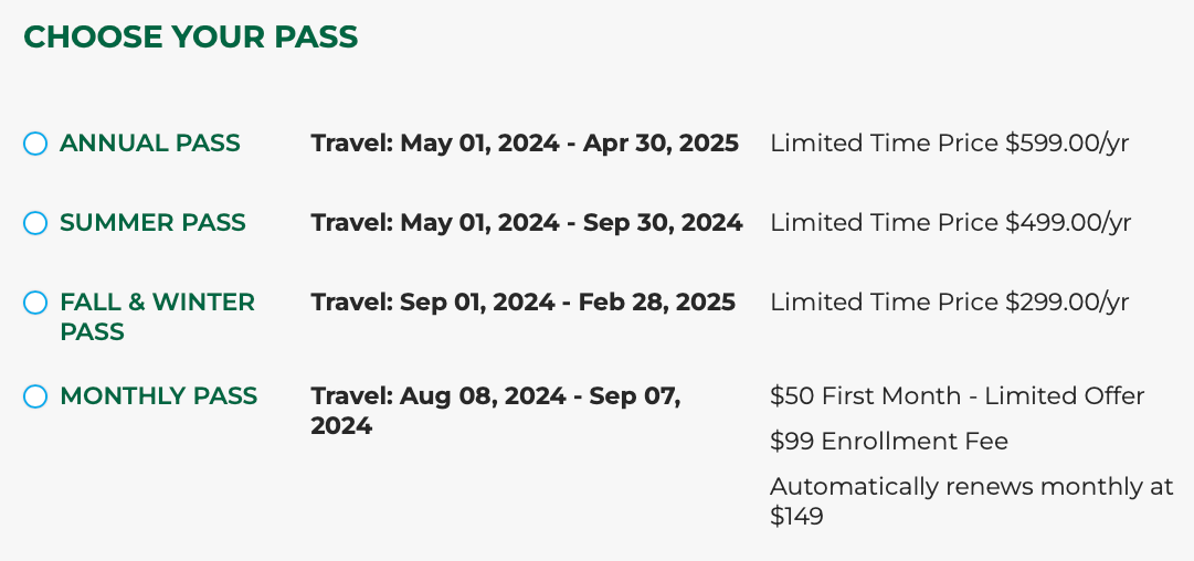 Cost of Frontier annual passes